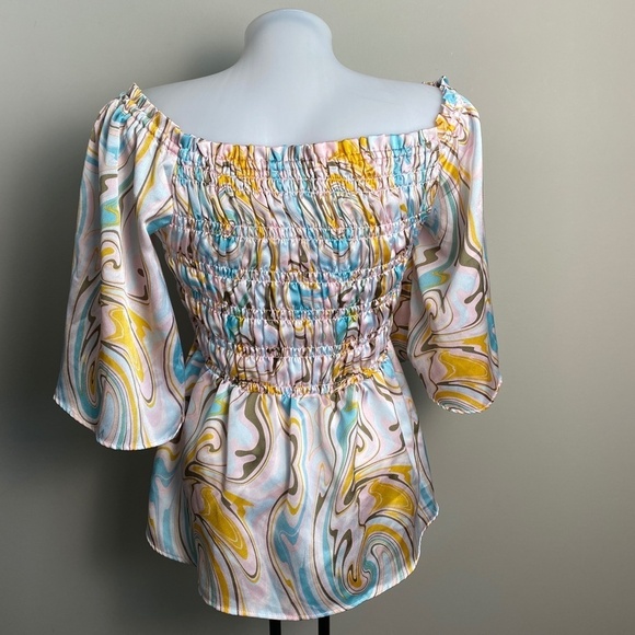 Chenault Women's Abstract Pastel Splash Off Shoulder Bell Sleeve Flared Blouse M - Picture 5 of 16